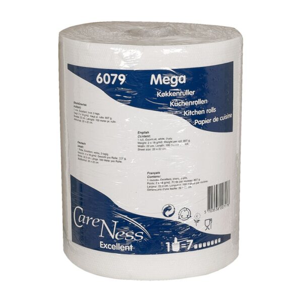Køkkenrulle, ABENA Care-Ness Excellent, 2-lags, 100m x 22cm, hvid, nyfiber, 6 ruller Forpakning: 6 rl.